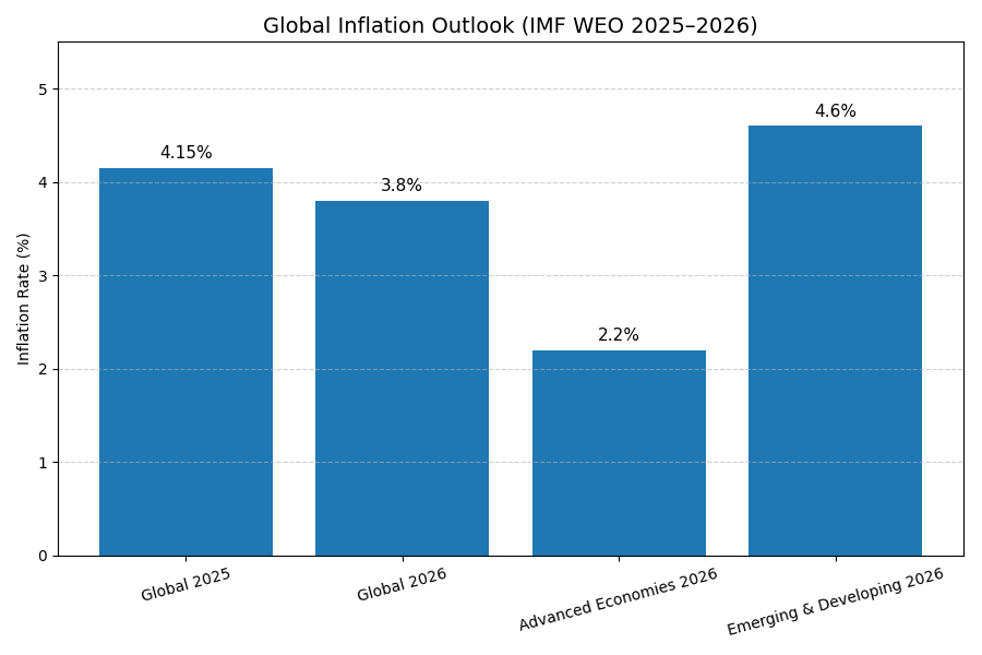 The Graph shows the Global inflation rate estimations in 2025 and forecasts for 2026