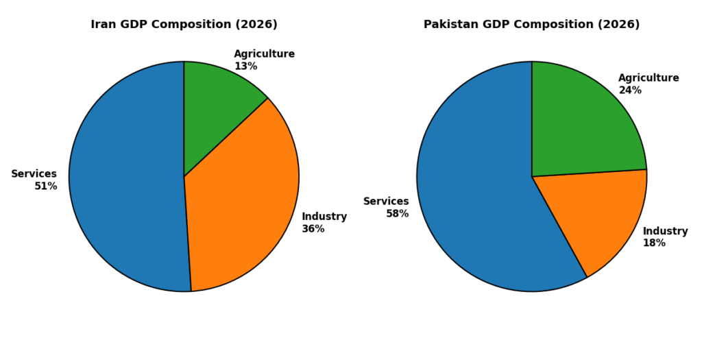 Pie charts elaborate on the share of services, industry, & agriculture in the GDP of Iran and Pakistan